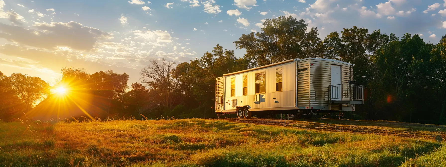 Mobile home on a trailer moving along a road