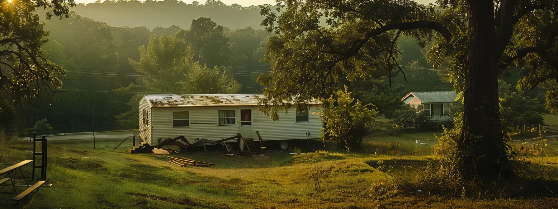 Mobile home on a trailer beside a farm field