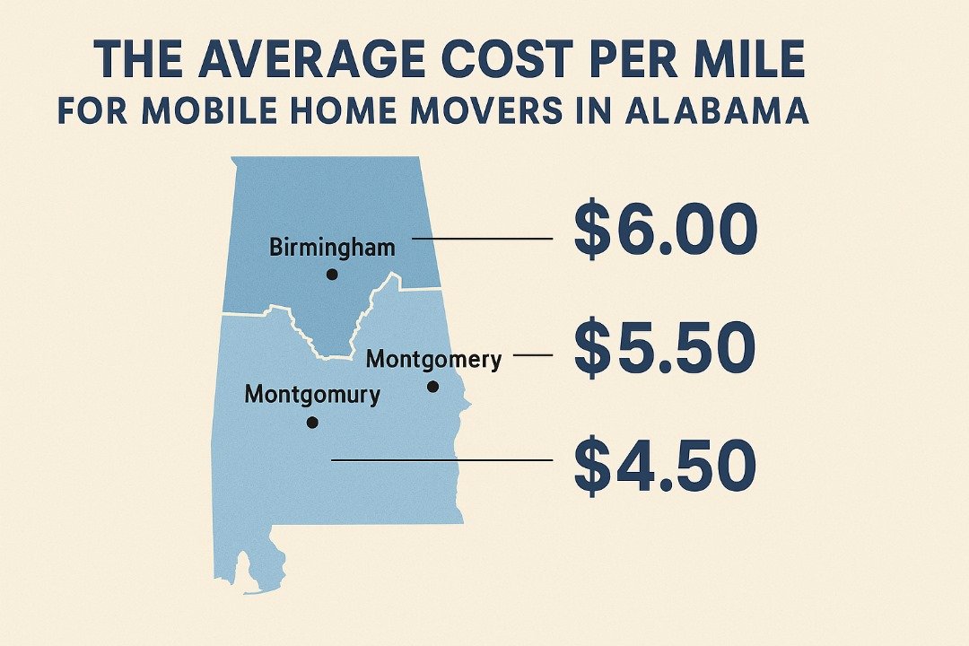Map of Alabama showing average mobile home moving costs per mile in Birmingham, Montgomery, and Huntsville.