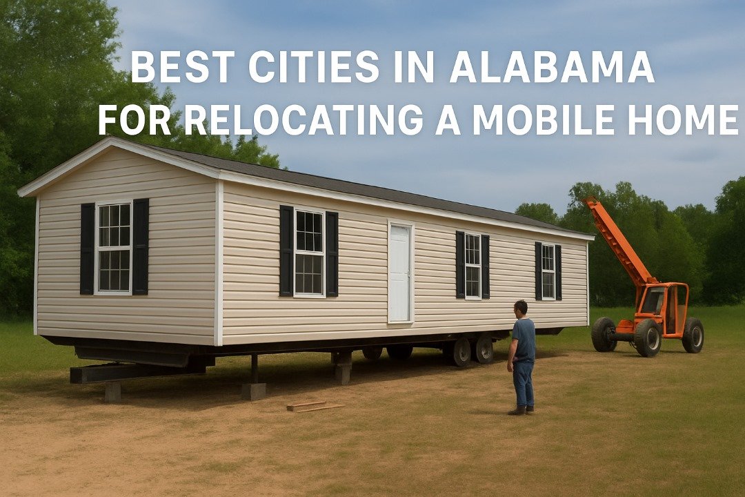 A beige mobile home being relocated in Alabama with a boom lift and a worker overseeing the process.