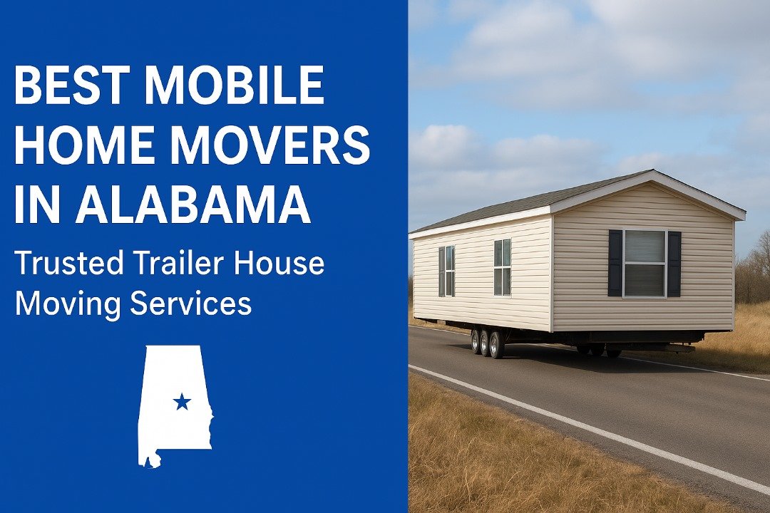 Beige mobile home being transported on a highway in Alabama with blue text overlay highlighting best mobile home movers and trailer house moving services.