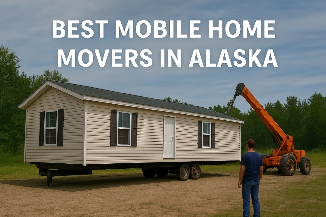 Mobile home being relocated in Alaska with truck and mountains in the background