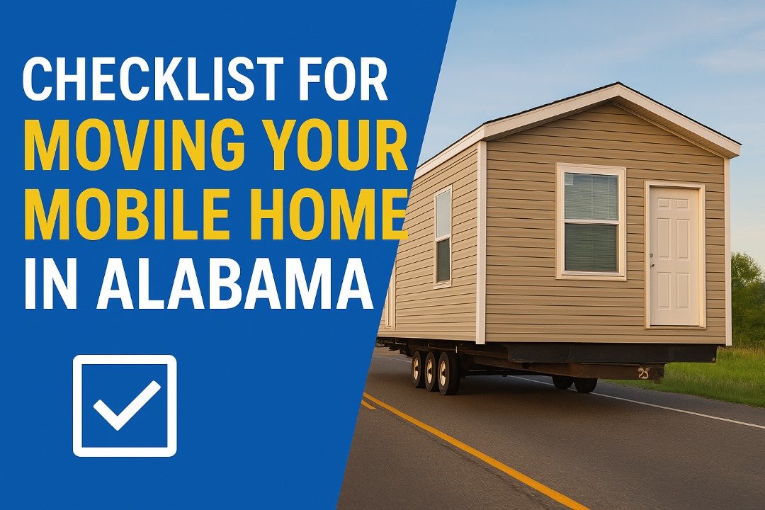 Mobile home being transported on a highway with checklist text overlay for Alabama moving guide.