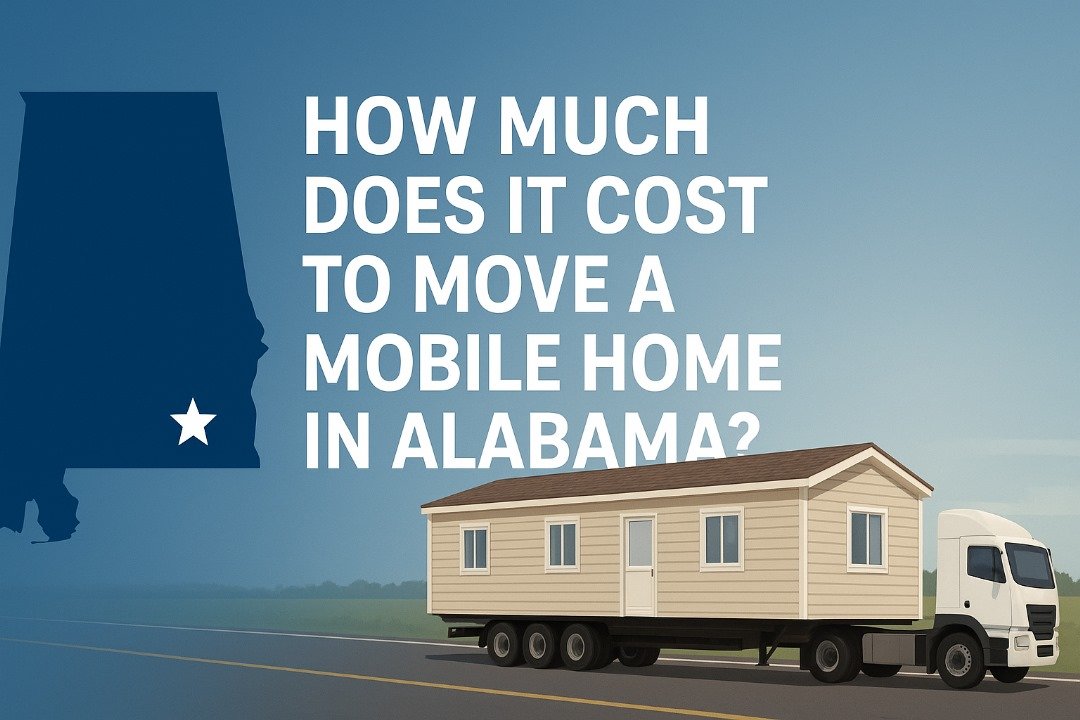Mobile home on a flatbed trailer being transported in Alabama with bold text asking how much it costs to move a mobile home.