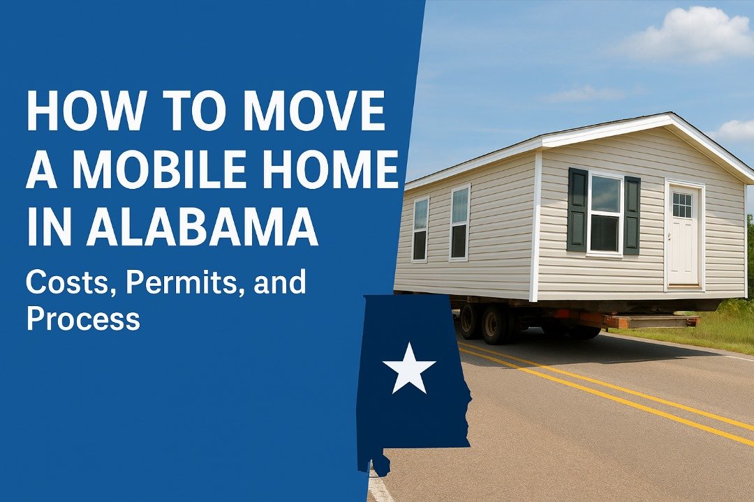 Beige mobile home being transported on a rural Alabama road with text overlay about costs, permits, and process.