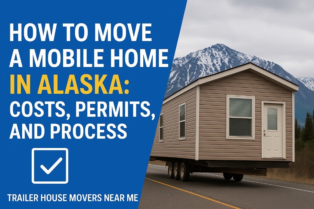 Mobile home being transported on an Alaskan highway with mountains in the background, featuring a checklist graphic about moving costs and permits.