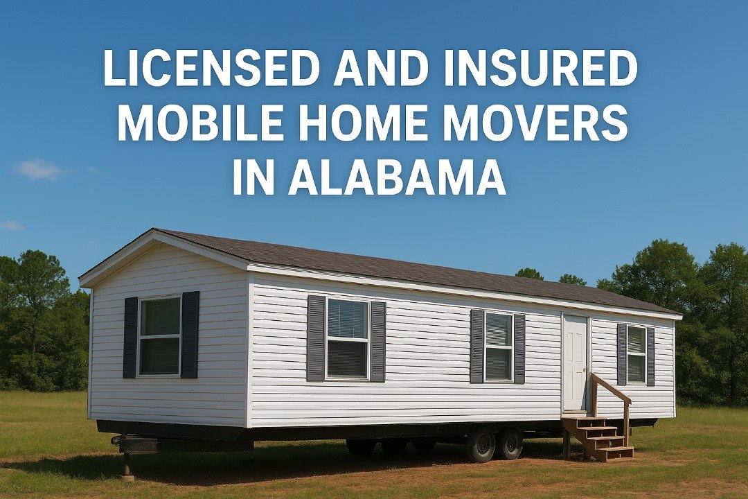White mobile home on wheels in Alabama under a blue sky with bold text overlay reading “Licensed and Insured Mobile Home Movers in Alabama.”