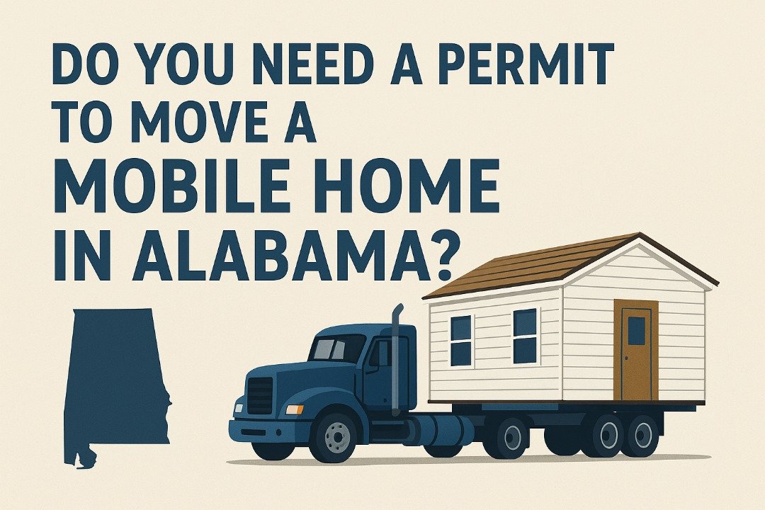 Illustration of a truck transporting a mobile home with the text “Do You Need a Permit to Move a Mobile Home in Alabama?”