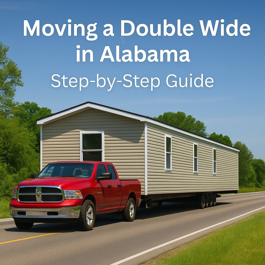 Red pickup truck towing a beige double wide mobile home on a sunny Alabama highway with greenery and blue skies.