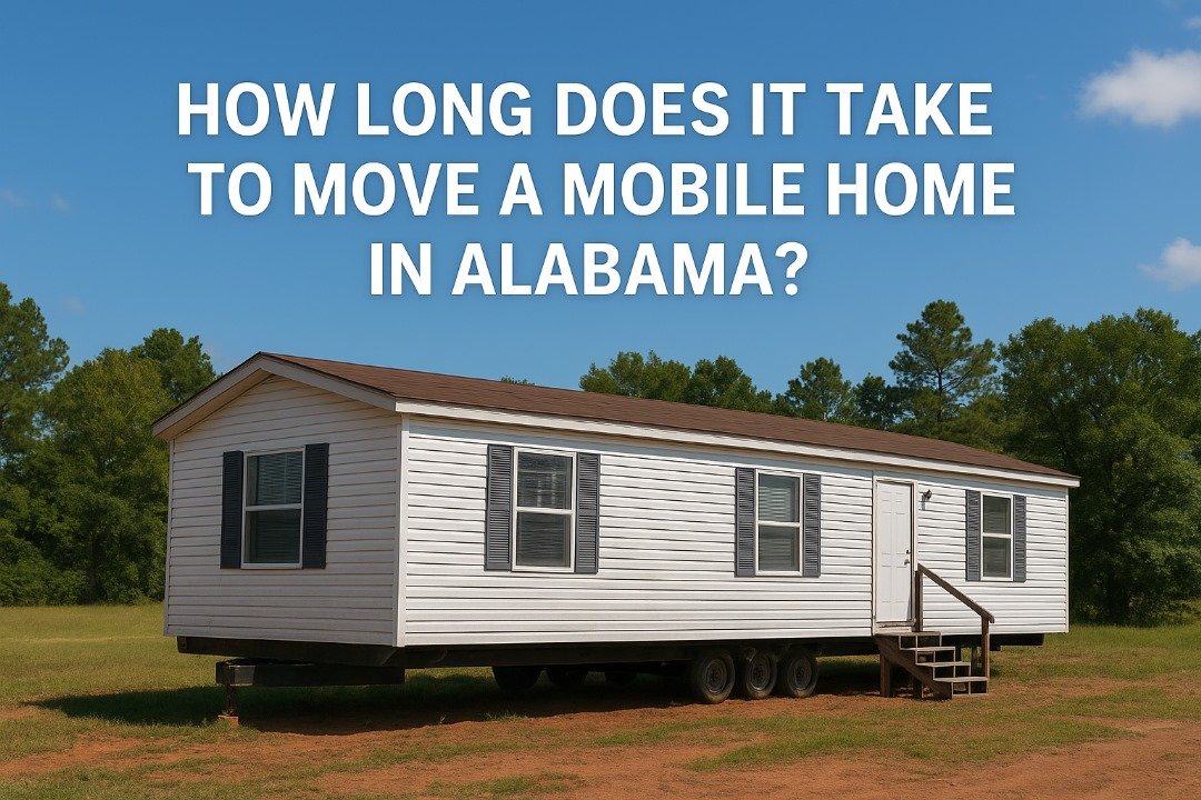 White mobile home on wheels in Alabama field under a clear blue sky with text overlay asking how long it takes to move a mobile home.