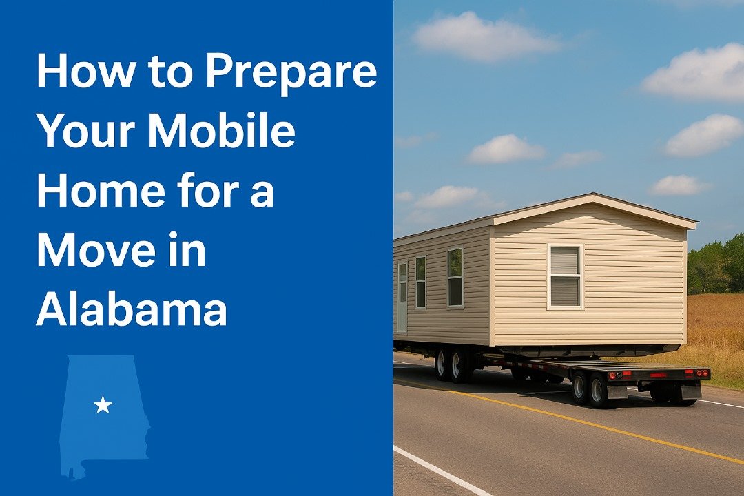 Beige mobile home on a trailer being transported along a highway in Alabama with moving preparation text overlay.