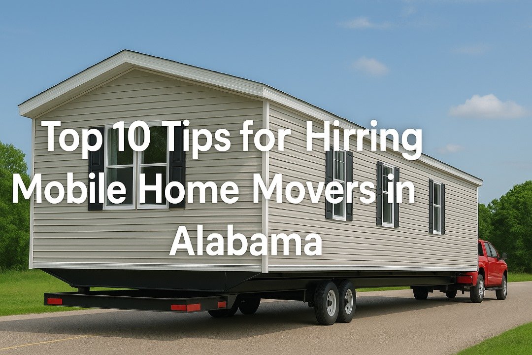 Red pickup truck hauling a beige mobile home on a trailer along a rural road in Alabama with blog title text overlay.