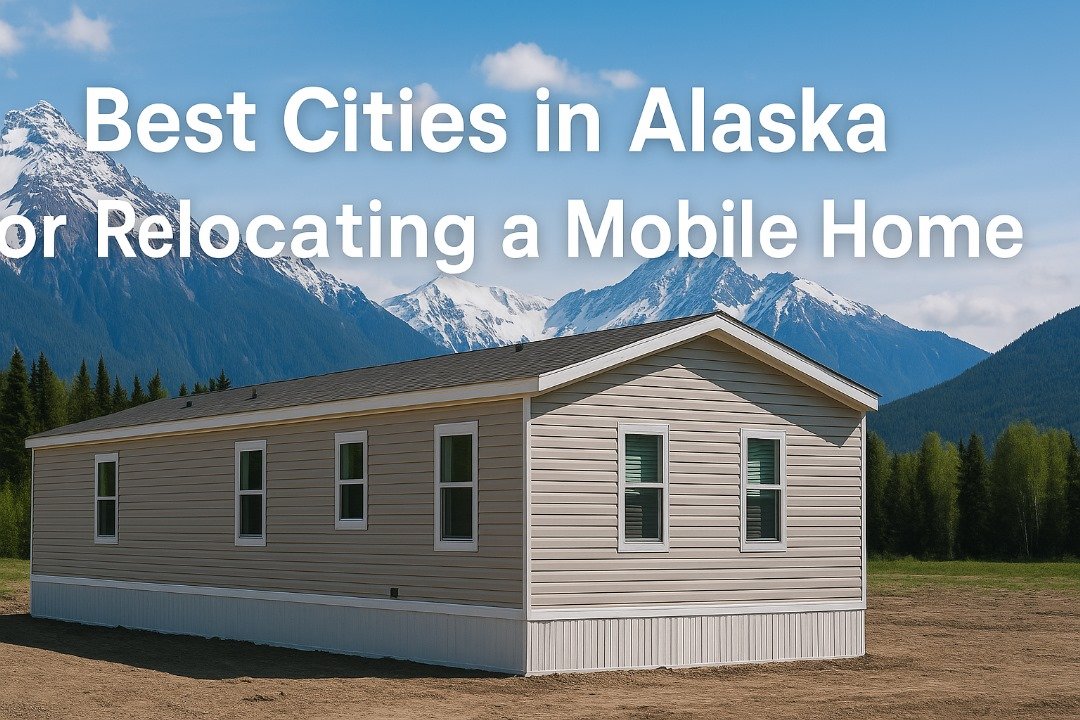 Beige mobile home in Alaska with snow-covered mountains and forests in the background, featuring text overlay about relocating mobile homes.