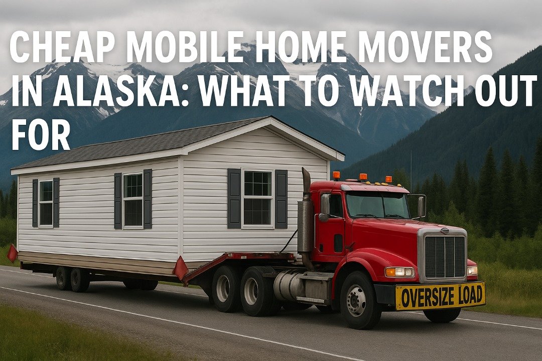 Red semi-truck hauling a white mobile home with an “Oversize Load” banner through Alaska’s mountains and forests.