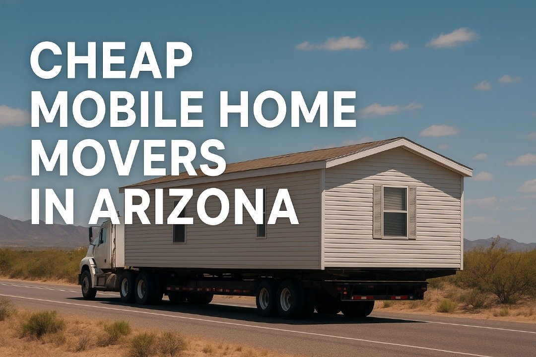 White semi-truck hauling a beige mobile home on a desert highway in Arizona with text overlay “Cheap Mobile Home Movers in Arizona.”