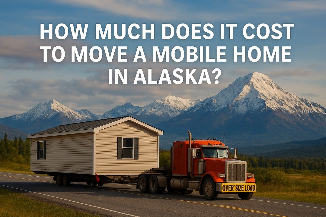 A realistic mobile home on a trailer being transported through Alaska with snowy mountains and evergreen trees in the background.