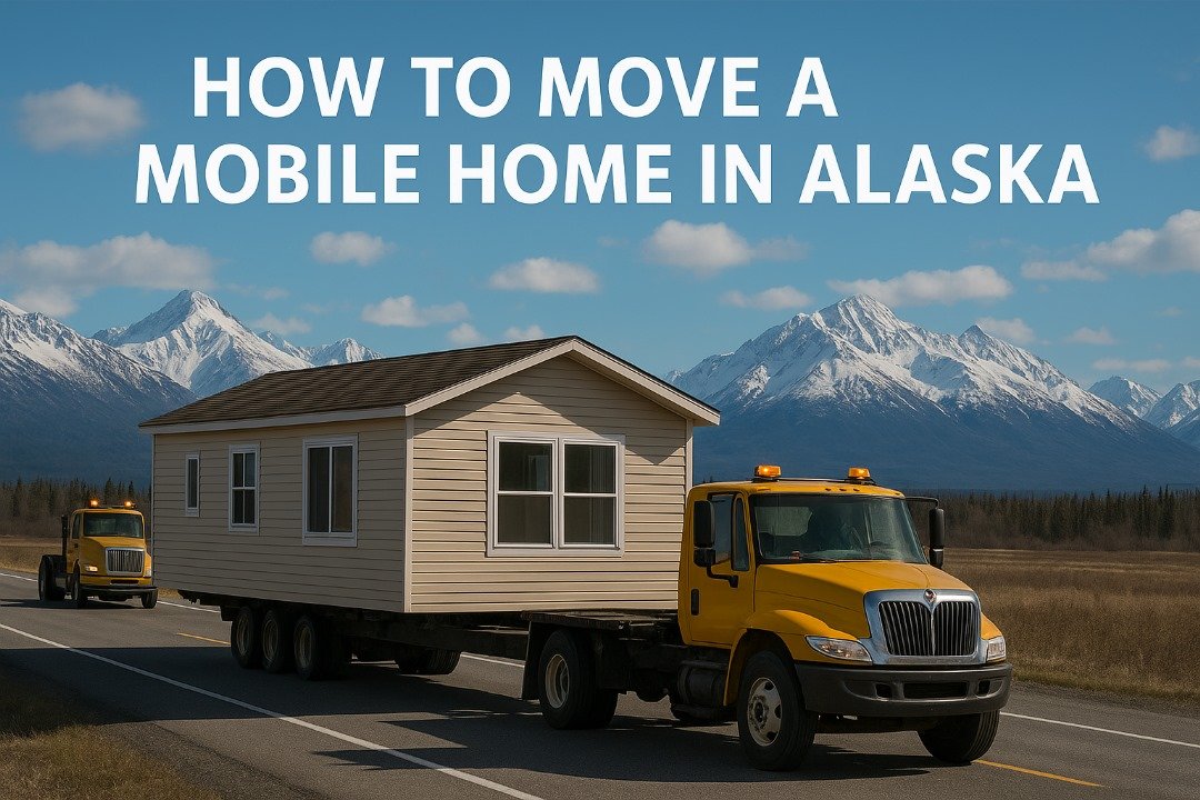 Yellow truck transporting a mobile home along an Alaskan highway with snowy mountains in the background and text overlay “How to Move a Mobile Home in Alaska.”