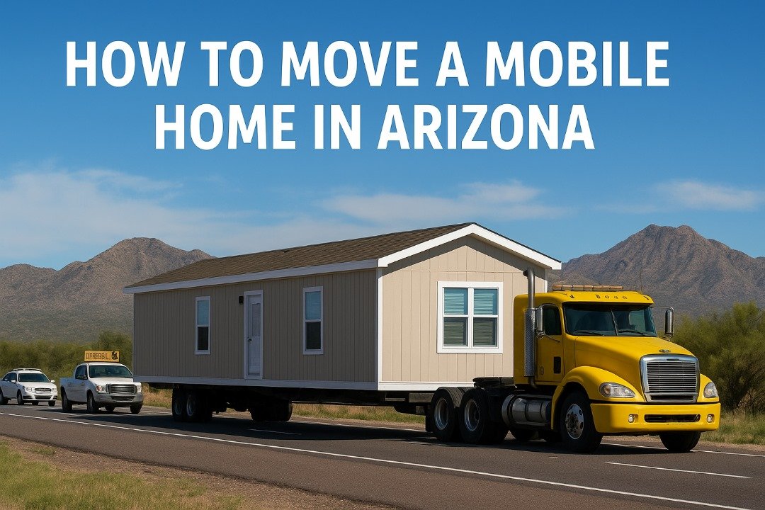 Yellow truck hauling a beige mobile home on an Arizona desert highway with mountains in the background and text overlay “How to Move a Mobile Home in Arizona.”