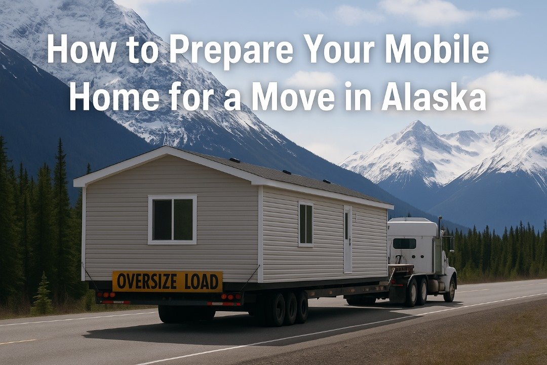 Mobile home on a flatbed truck labeled oversize load being transported through Alaska mountains with text overlay “How to Prepare Your Mobile Home for a Move in Alaska.”