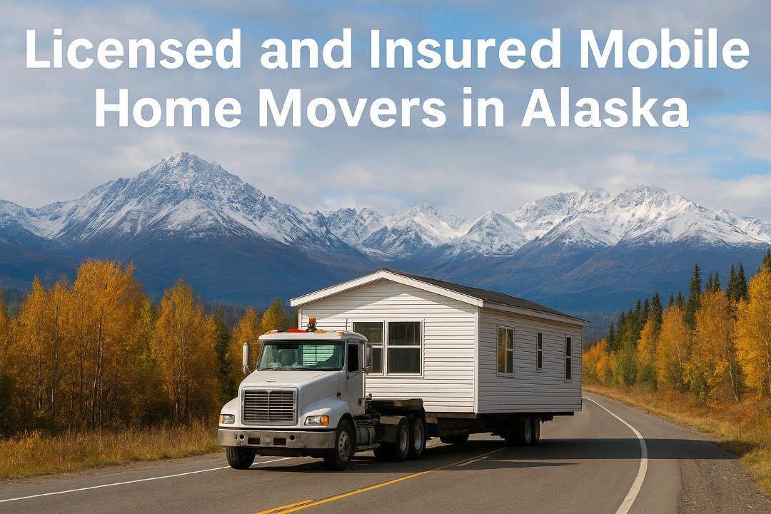 A licensed mobile home mover in Alaska transporting a white mobile home by semi-truck along a scenic road with autumn trees and snow-capped mountains in the background.