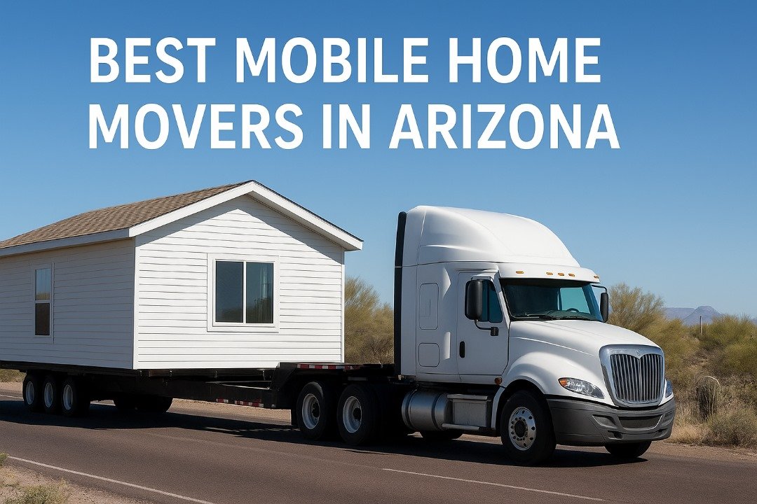 White semi-truck hauling a mobile home on a highway in Arizona desert landscape under clear blue sky.