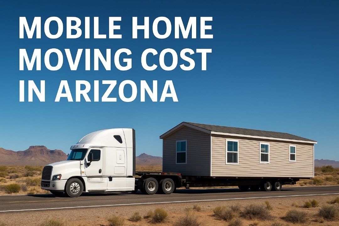 Semi-truck hauling a mobile home across the Arizona desert under a clear blue sky with text overlay about moving costs.