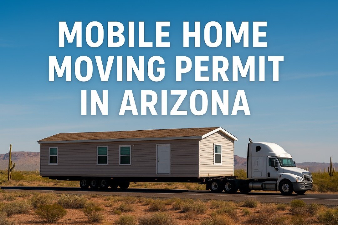 White semi-truck hauling a mobile home across the Arizona desert with text overlay about moving permits