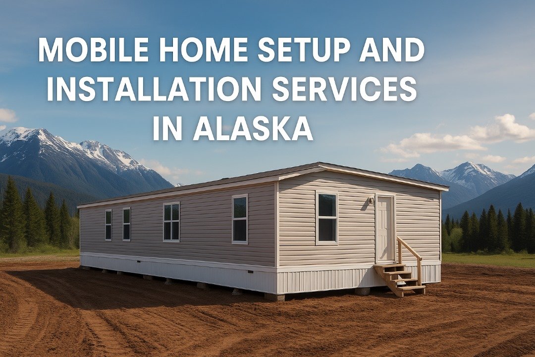 Newly installed beige mobile home with skirting in Alaska, set against snow-capped mountains and evergreen trees, with text overlay promoting installation services.