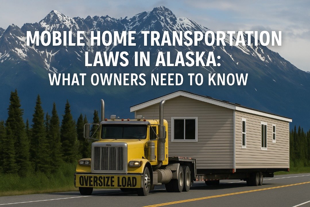 Yellow semi-truck hauling a beige mobile home with an “Oversize Load” sign along an Alaskan highway, with snow-capped mountains and evergreen trees in the background.