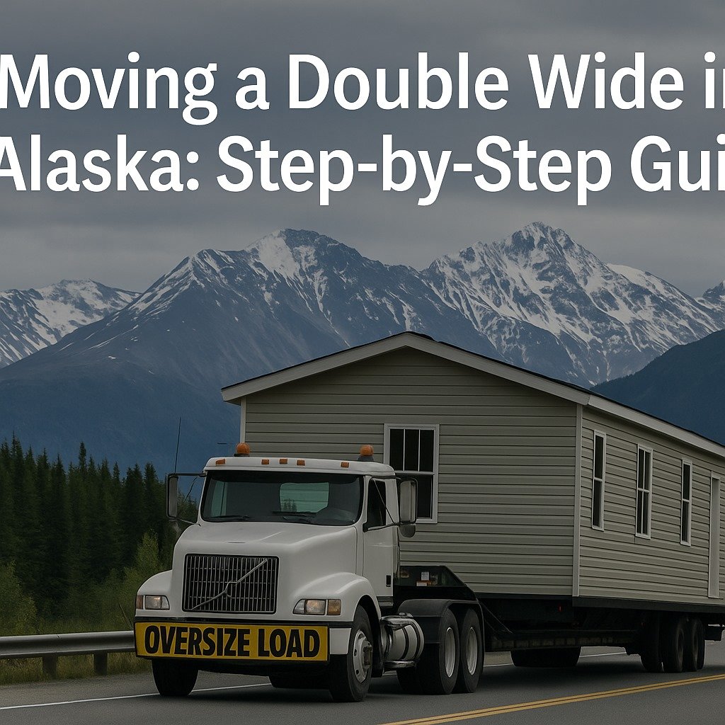 White semi-truck hauling a beige double wide mobile home with an “Oversize Load” sign along an Alaskan highway with snow-capped mountains in the background.