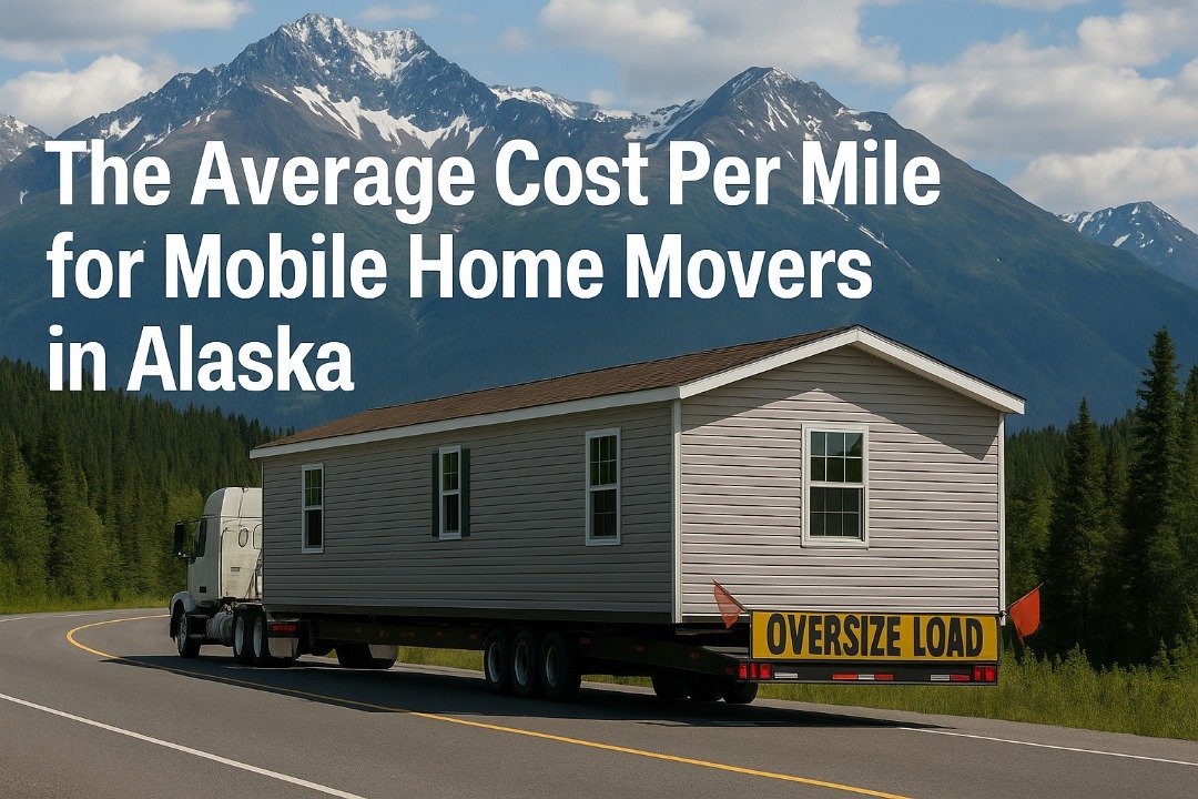 Semi-truck transporting a mobile home with an "Oversize Load" sign on an Alaskan highway surrounded by mountains.